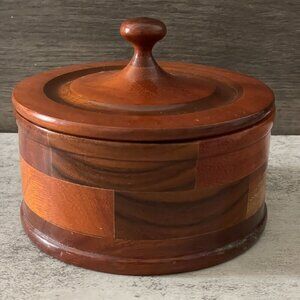 Vintage Artisan Crafted Turned Wood Mosaic Round Lidded 5" Trinket Storage Box